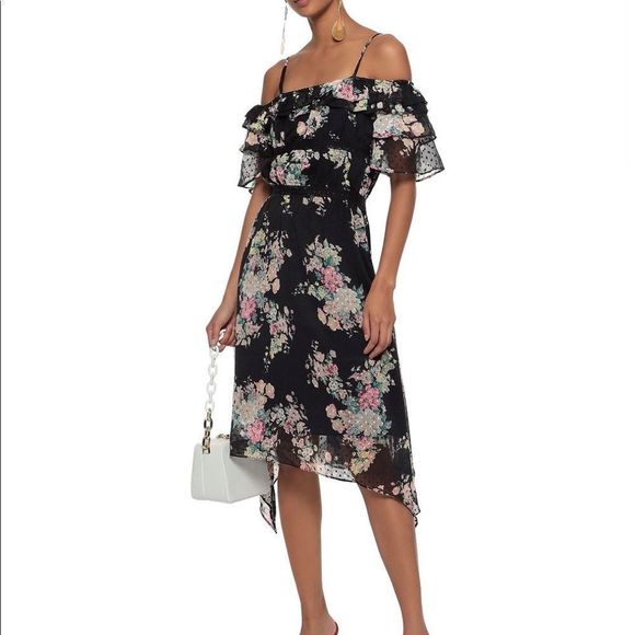 Walter Baker Hansen Asymmetrical Hem Open Shouldee Floral Spring Dress NWT sz 10 - Picture 1 of 13